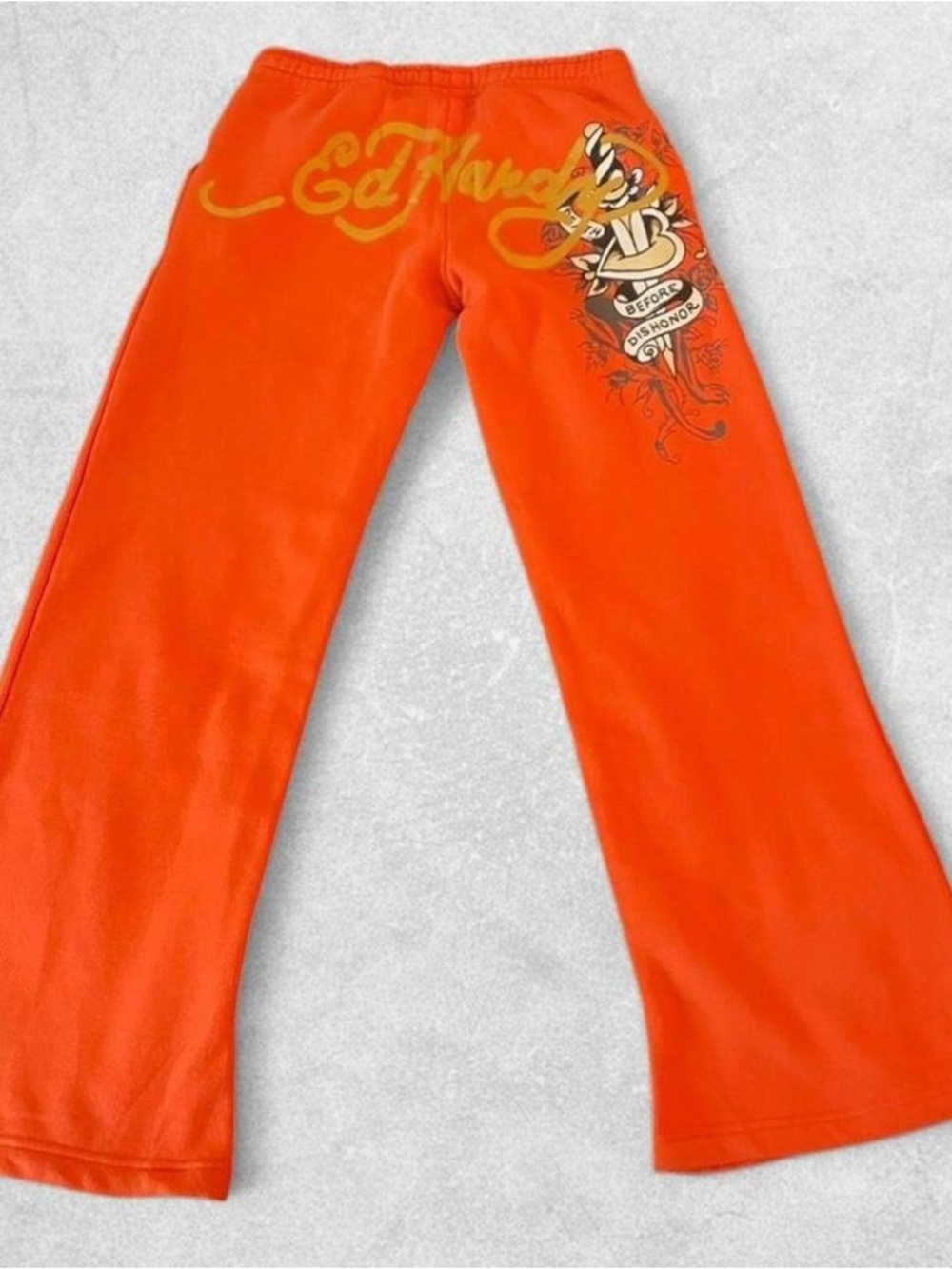 Ed Hardy Orange Sweatpants with gold Script and Tattoo Graphic